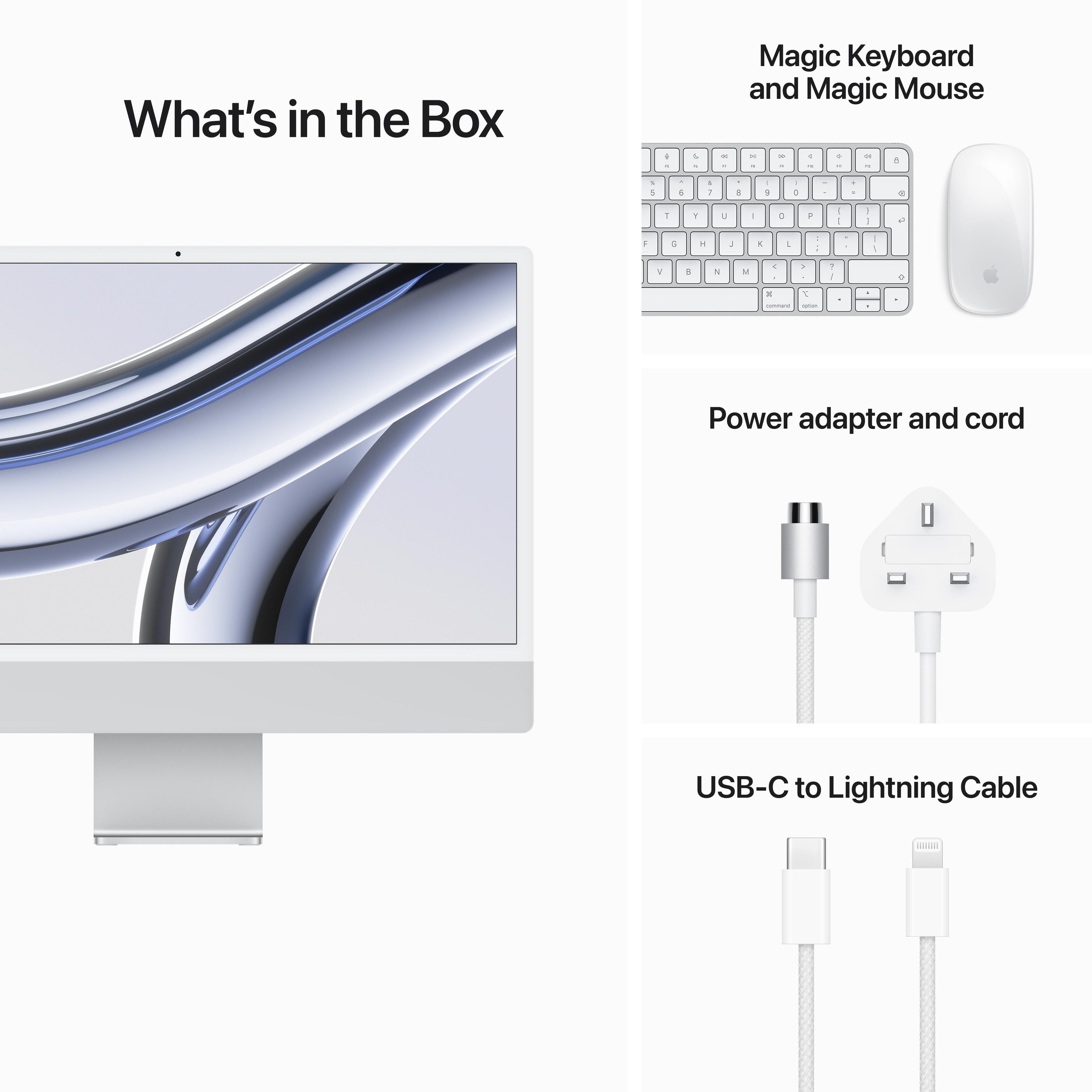 جهاز iMac مقاس 24 بوصة مزود بشريحة Apple M3 مع وحدة معالجة مركزية ثمانية النواة ووحدة معالجة رسومية عشرة النواة 