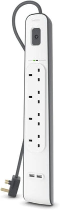 Belkin 4 Way/4 Plug Surge Protection Strip With 2 Meters Cord Length - Heavy Duty Electrical Extension Socket With 2 X 2.4 A Shared USb Ports