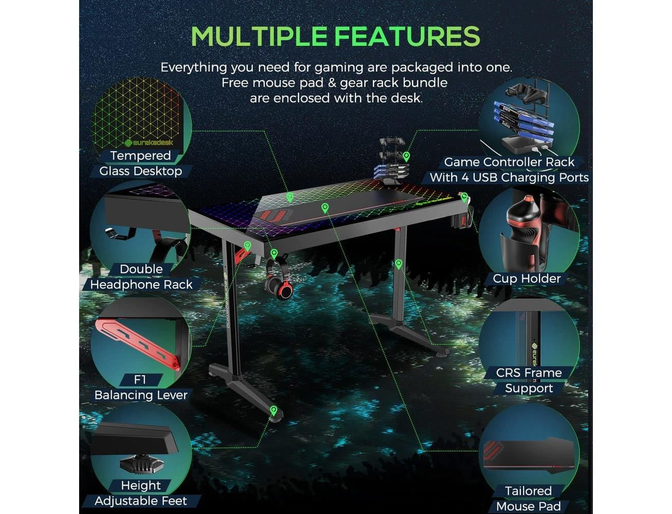 Eureka Gaming General Series GTG-I43 Desk With Glass Desktop