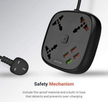 Porodo (3A Auto-ID USB Ports + 1Quick Charge USB 3.0) With 3 Universal Power Socket 10A 2 meters