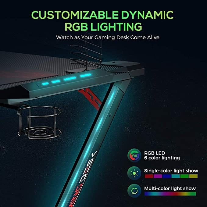 Eureka Ergonomic® Z1-S PRO Home Office Gaming Table With RGB Lights, Controller Stand, Cup Holder & Headphone Hook - Black | ERK-Z1S-PRO-43B-V2