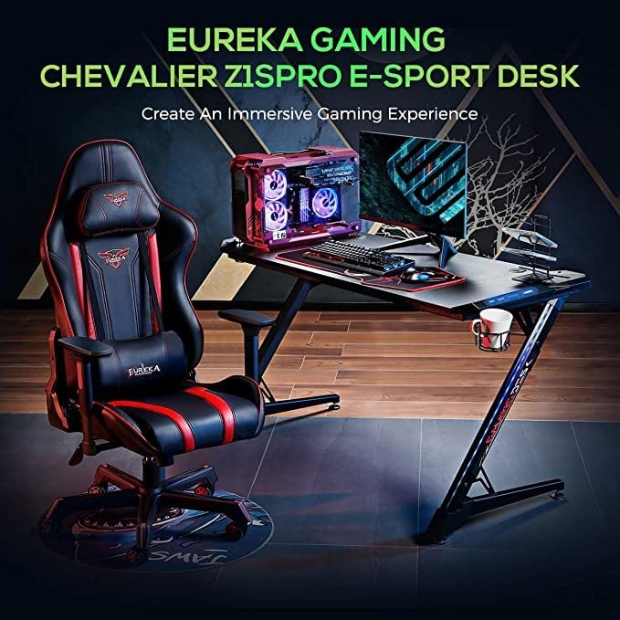 Eureka Ergonomic® Z1-S PRO Home Office Gaming Table With RGB Lights, Controller Stand, Cup Holder & Headphone Hook - Black | ERK-Z1S-PRO-43B-V2