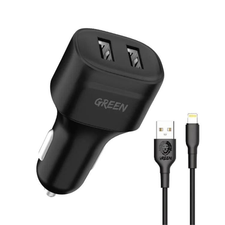 Green Lion Dual Port Car Charger 12W with PVC Lightning Cable 1.2M Black – GNCC24IP6BK