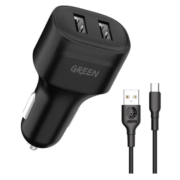 Green Lion Dual Port Car Charger 12W with PVC Type-C Cable 1.2M Black – GNCC24TYCBK