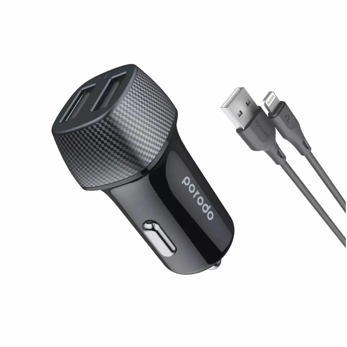 Porodo PD-34CCV2C-BK Dual Port Car Charger 3.4A with 3 Feet Type C Cable Black