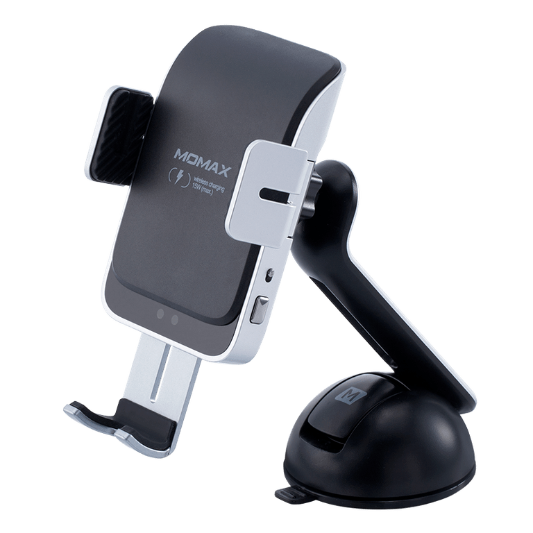 momax q mount auto clamping wireless car charger 15w with qc3 0 car charger silver