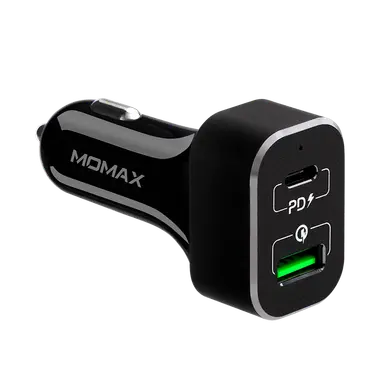 Momax dual port usb with type c pd qc3 0 fast car charger 63w black