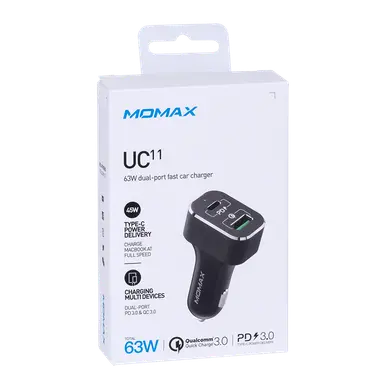 Momax dual port usb with type c pd qc3 0 fast car charger 63w black