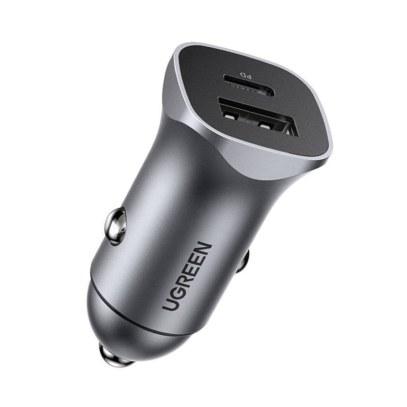 شاحن سيارة يوجرين USB Type C / USB 24 وات لتوصيل الطاقة وشحن سريع، رمادي