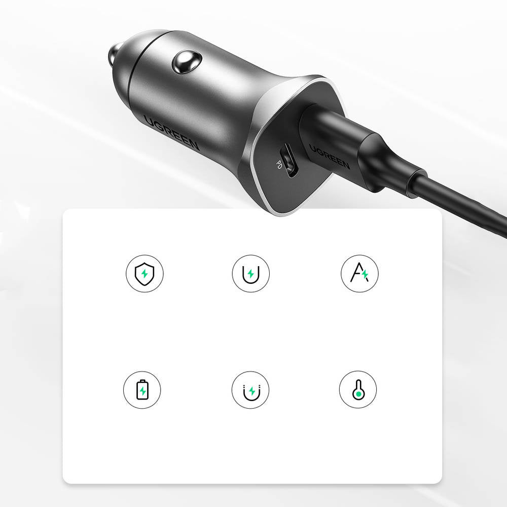شاحن سيارة يوجرين USB Type C / USB 24 وات لتوصيل الطاقة وشحن سريع، رمادي