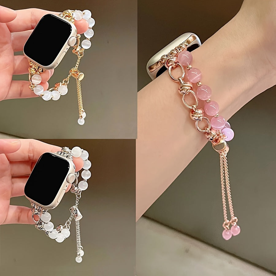 Beaded Apple Watch Strap PinkWhite Cats Eye Chain