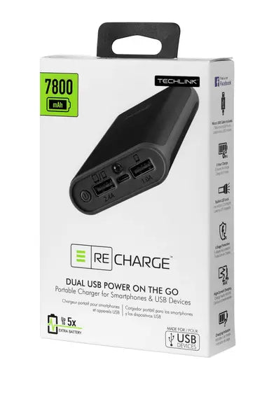 Recharge 7800 2 4a powerbank dual usb with torch black grey