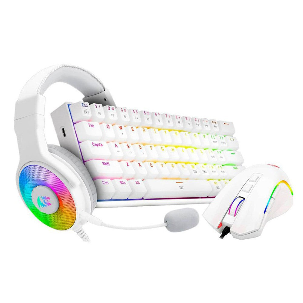 مجموعة ألعاب Redragon S129W 3 في 1: لوحة مفاتيح ميكانيكية K630W-RGB + ماوس ألعاب لاسلكي M607W + سماعة رأس ألعاب H350W-RGB-1 (أبيض)