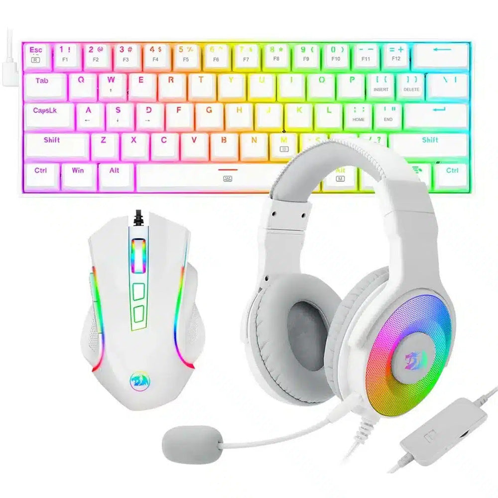 مجموعة ألعاب Redragon S129W 3 في 1: لوحة مفاتيح ميكانيكية K630W-RGB + ماوس ألعاب لاسلكي M607W + سماعة رأس ألعاب H350W-RGB-1 (أبيض)