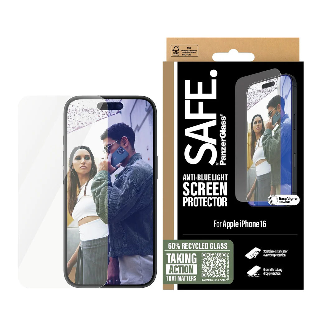 PanzerGlass SAFE by PG EyeCare Anti-Blue Light Screen Protector – Ultra-Wide Fit for iPhone 16 / iPhone 15 (6.1″)