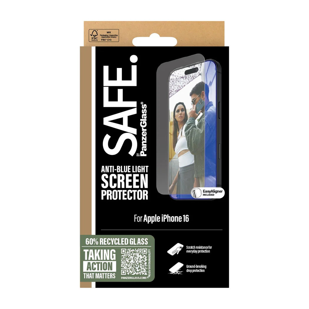 PanzerGlass SAFE by PG EyeCare Anti-Blue Light Screen Protector – Ultra-Wide Fit for iPhone 16 / iPhone 15 (6.1″)