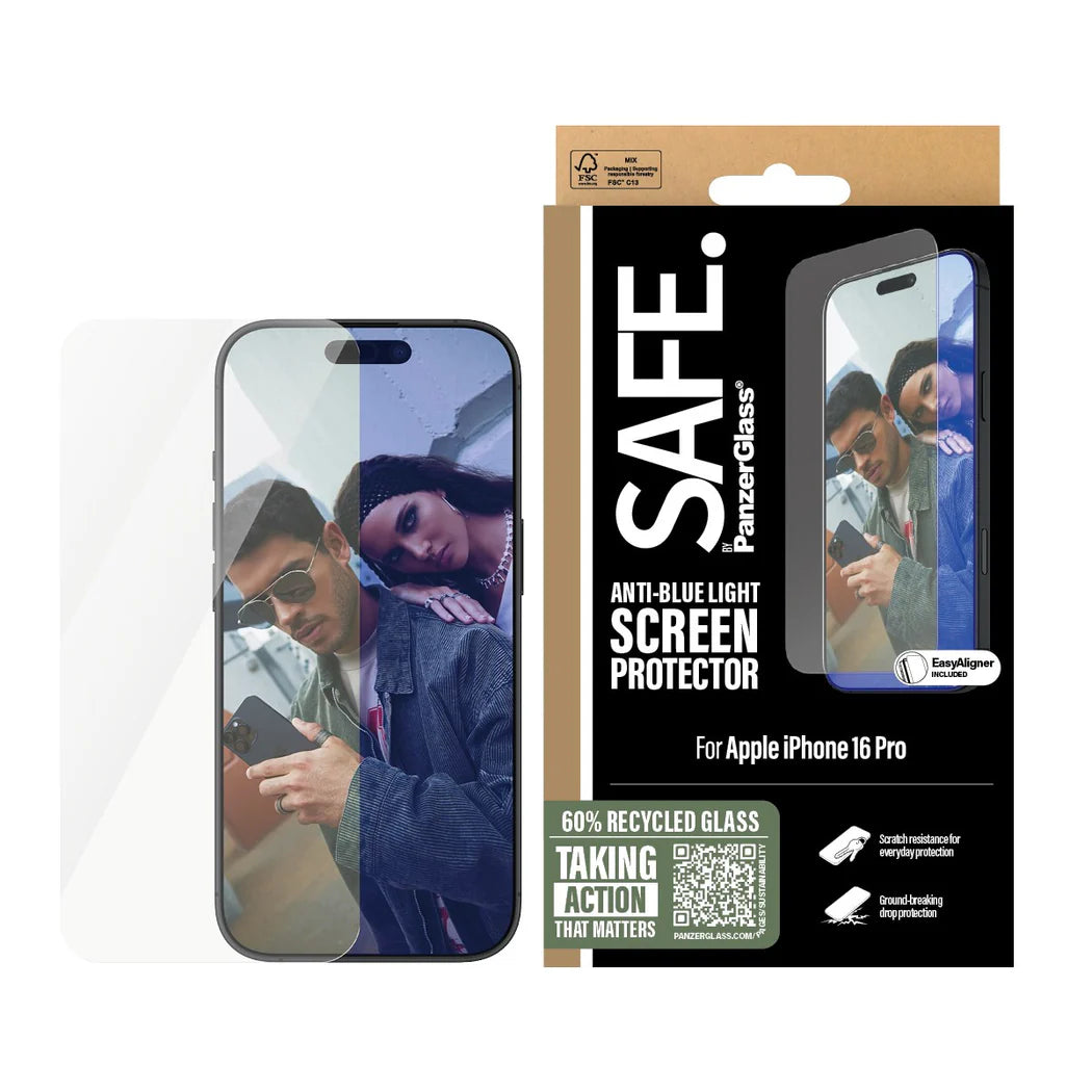 PanzerGlass SAFE by PG EyeCare Anti‑Blue Light Screen Protector – Ultra‑Wide Fit for iPhone 16 Pro (6.3″)