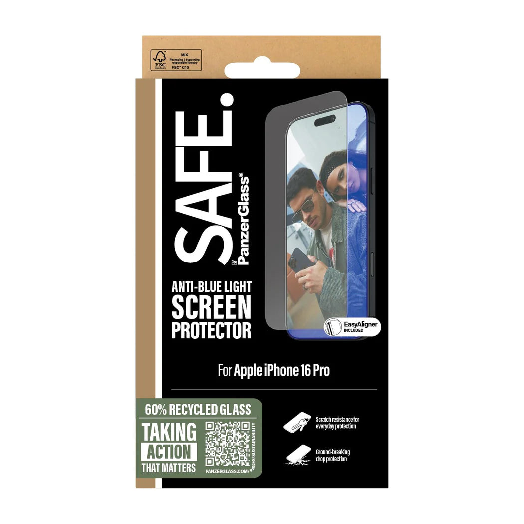 PanzerGlass SAFE by PG EyeCare Anti‑Blue Light Screen Protector – Ultra‑Wide Fit for iPhone 16 Pro (6.3″)
