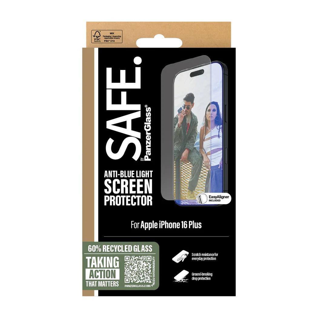 PanzerGlass SAFE by PG EyeCare Anti‑Blue Light Screen Protector – Ultra‑Wide Fit for iPhone 16 Plus / iPhone 15 Plus (6.7″)