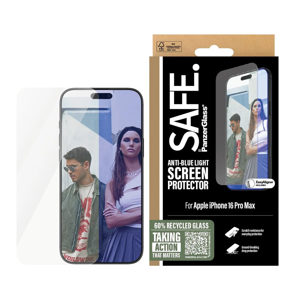 PanzerGlass SAFE by PG EyeCare Anti‑Blue Light Screen Protector – Ultra‑Wide Fit for iPhone 16 Pro Max (6.9″)