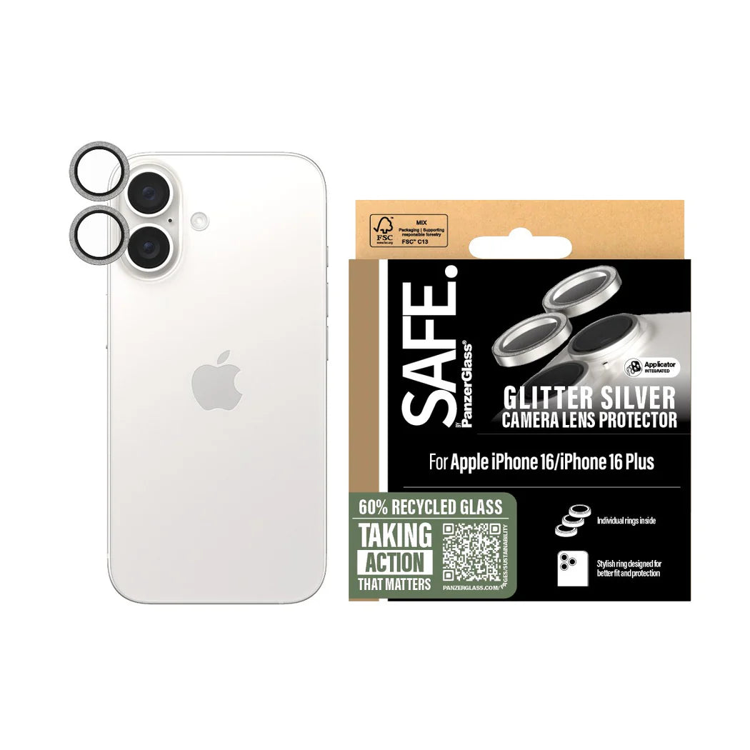 PanzerGlass SAFE by PG EyeCare Glitter Silver Camera Lens Protector – iPhone 16 / iPhone 16 Plus