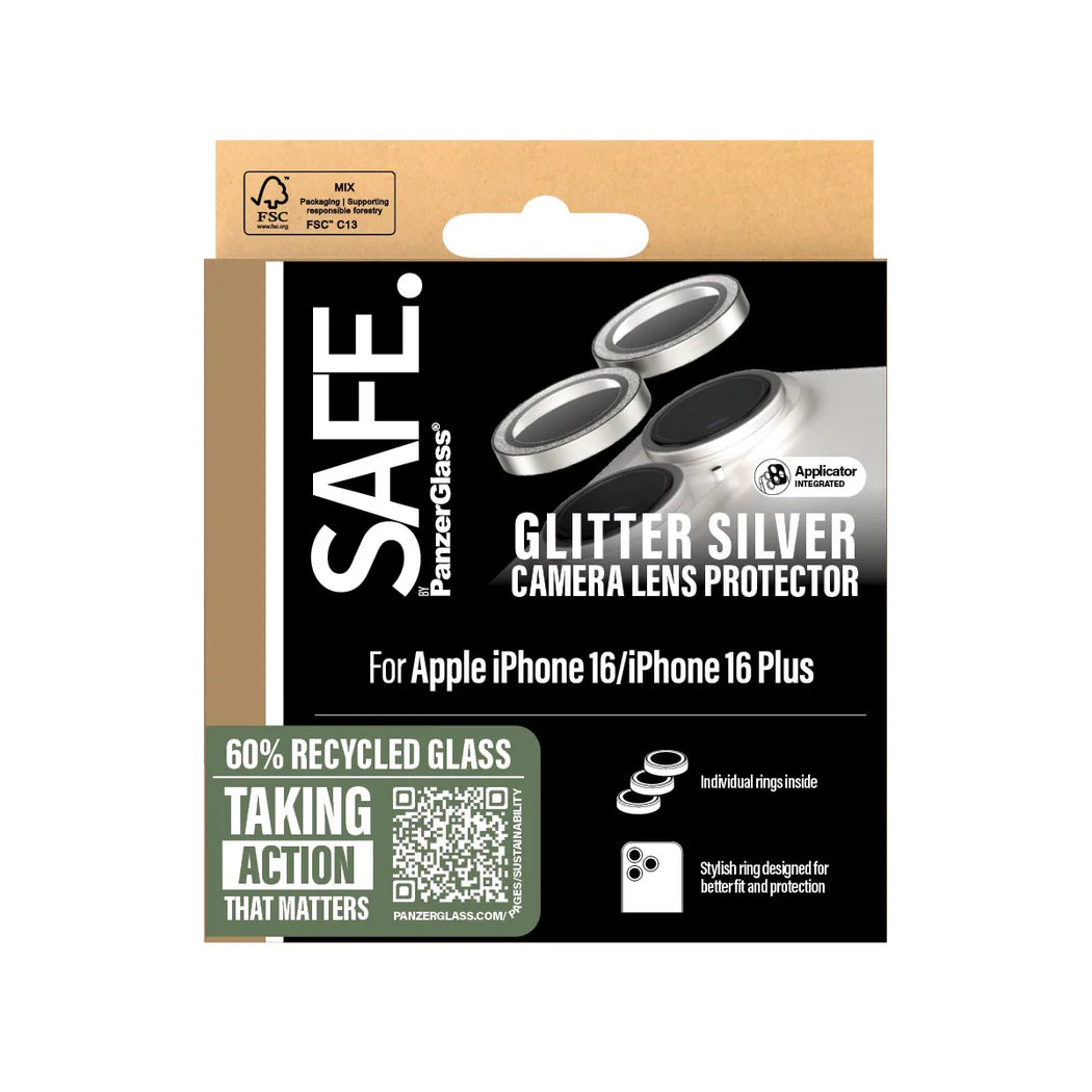 PanzerGlass SAFE by PG EyeCare Glitter Silver Camera Lens Protector – iPhone 16 / iPhone 16 Plus