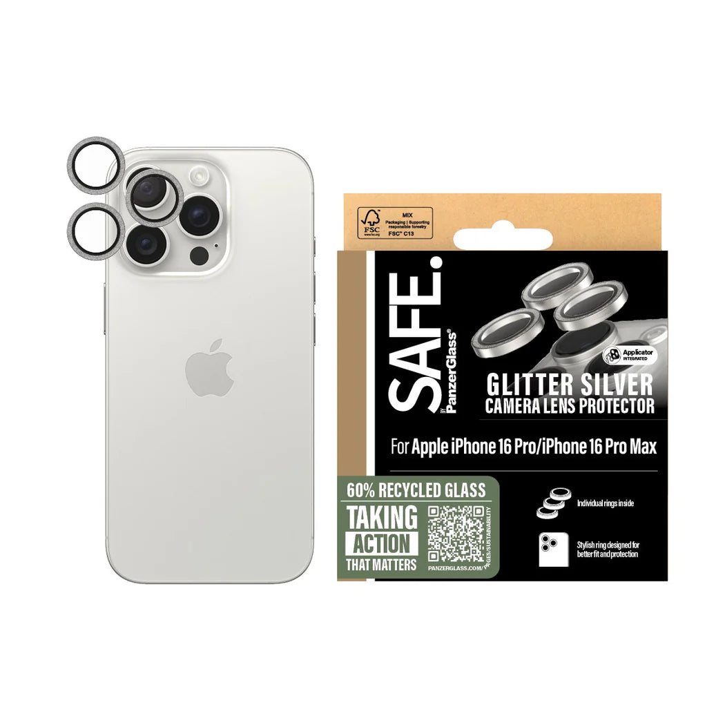 PanzerGlass SAFE by PG EyeCare Glitter Silver Camera Lens Protector – iPhone 16 Pro / 16 Pro Max