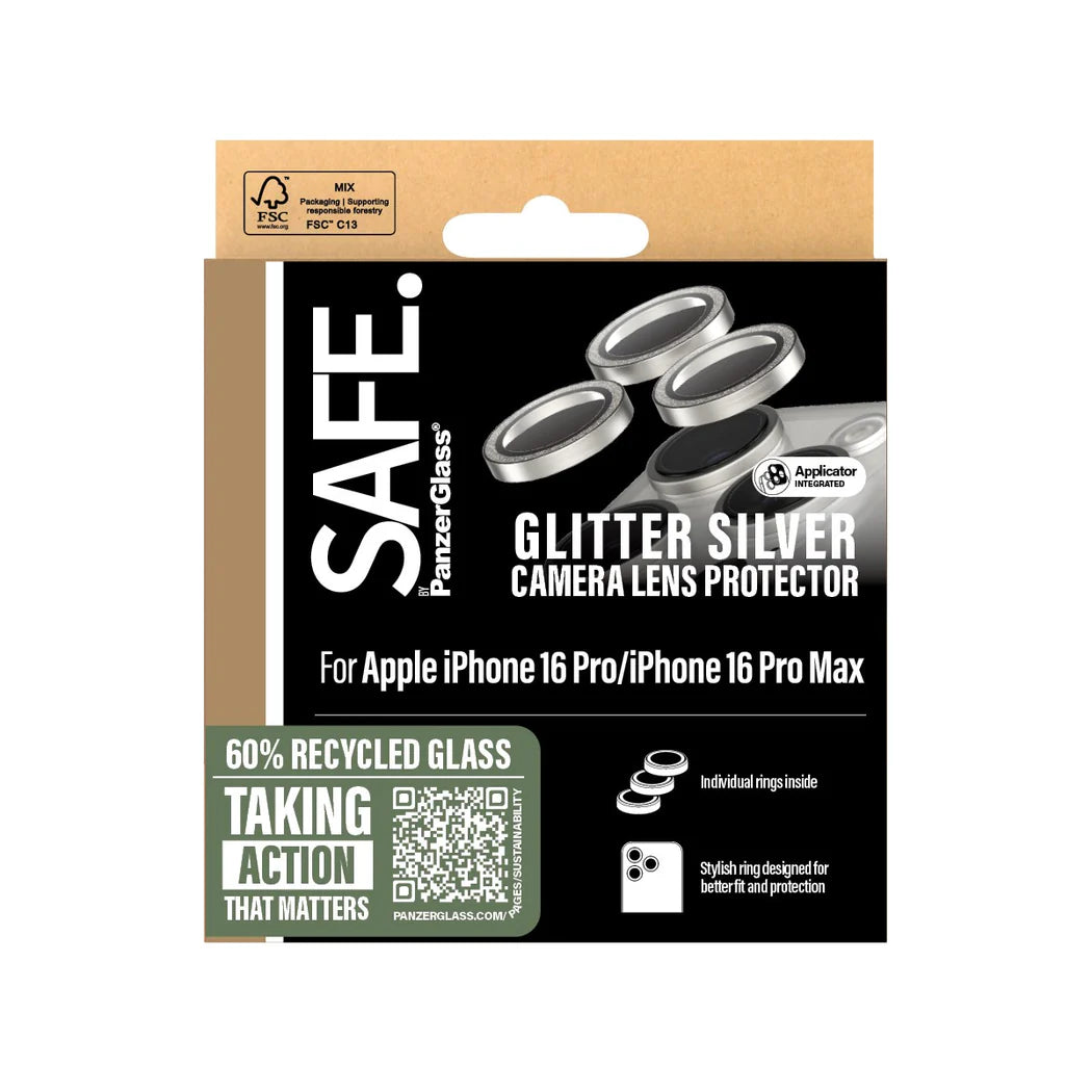 PanzerGlass SAFE by PG EyeCare Glitter Silver Camera Lens Protector – iPhone 16 Pro / 16 Pro Max