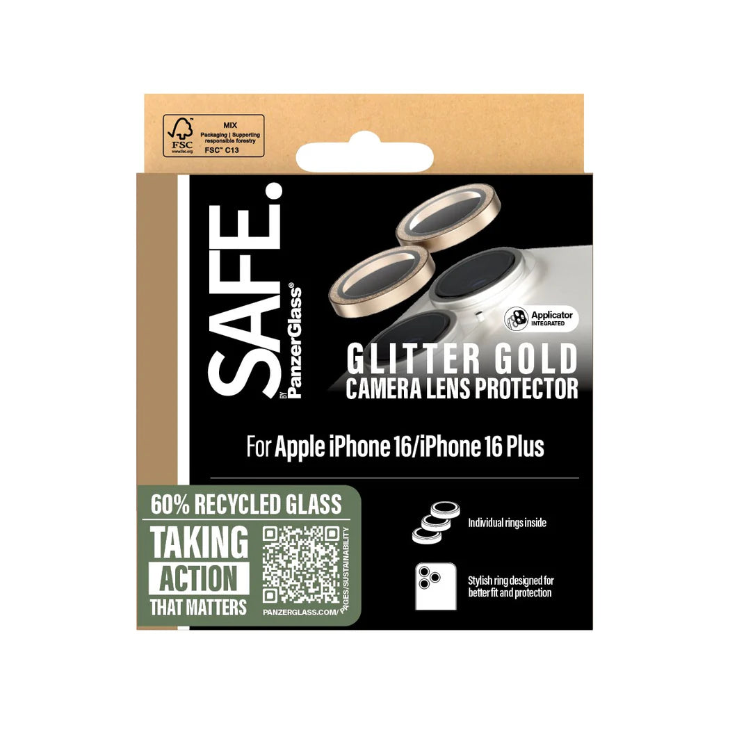 PanzerGlass SAFE by PG EyeCare Glitter Gold Camera Lens Protector – iPhone 16 / iPhone 16 Plus