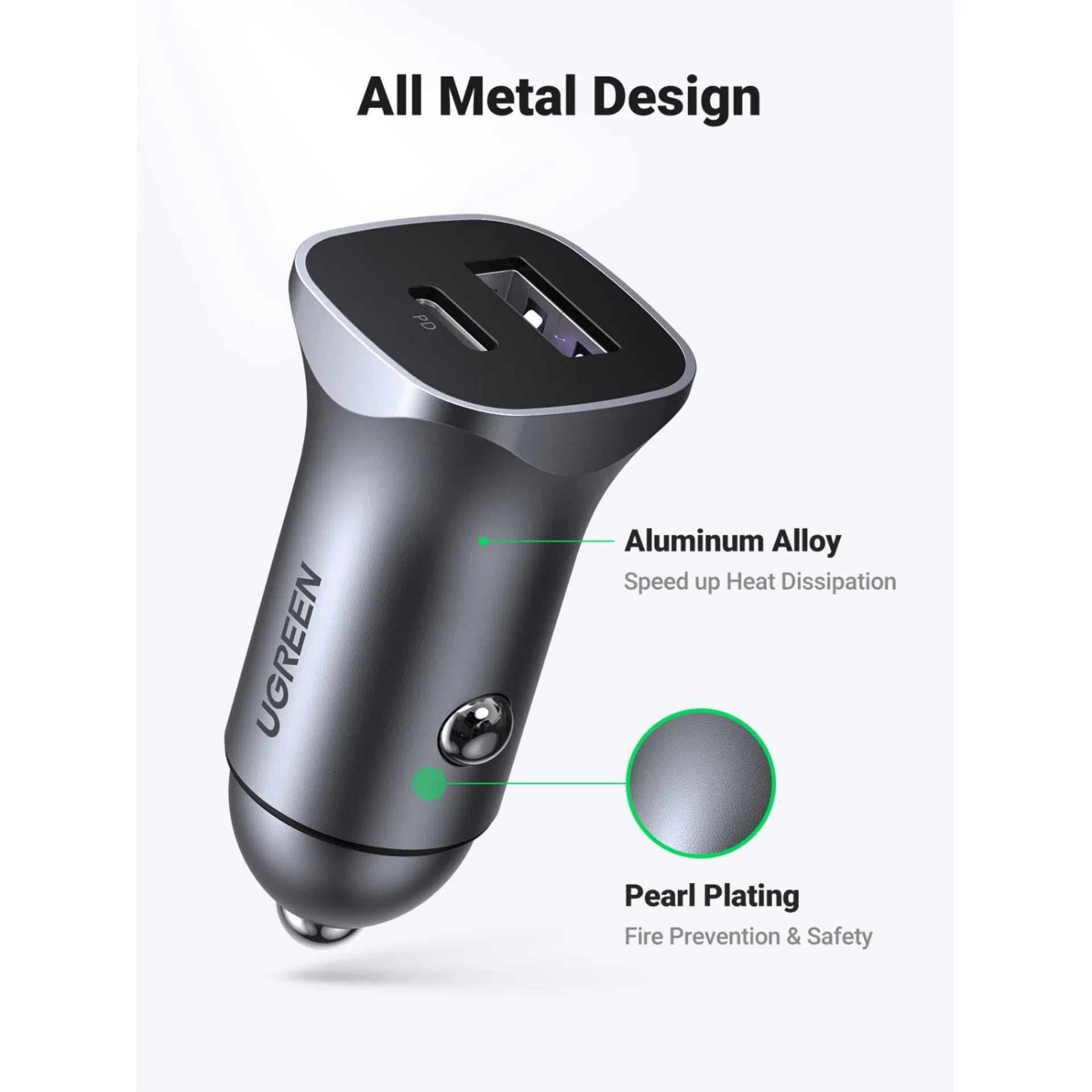 شاحن سيارة مزدوج PD USB 30 وات من UGREEN، رمادي