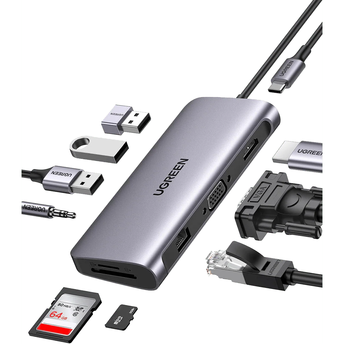 موزع يوجرين 10 في 1 4K HDMI USB C مع 3 منافذ USB 3.0، قارئ بطاقات USB C إلى 3.5 مم متوافق مع MacBook Pro/Air M1، Dell، HP، XPS