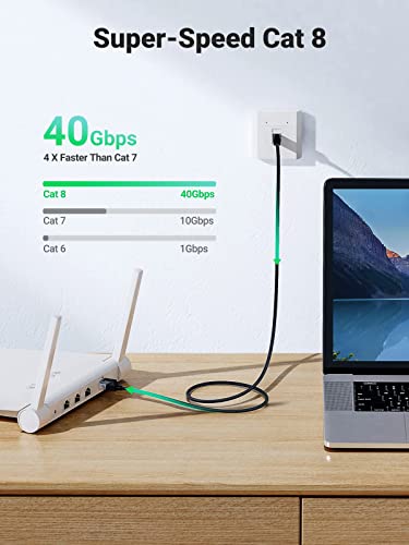 كابل إنترنت UGREEN Cat 8 مسطح عالي السرعة 40 جيجابت في الثانية 2000 ميجاهرتز، سلك شبكة مضفر محمي، كابلات شبكة محلية داخلية 3 متر، أسود