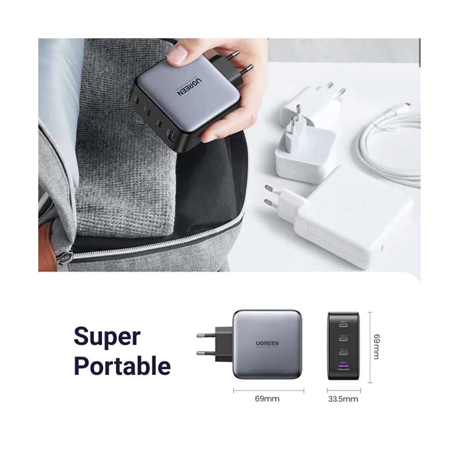 شاحن حائط يوجرين نيكسود ١٠٠ واط بمنفذ USB-C - ٤ منافذ (أسود)