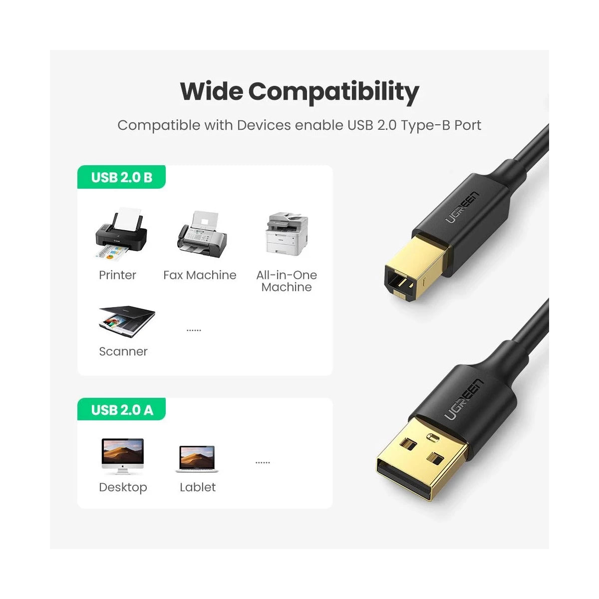 كابل طباعة يوجرين USB 2.0 AM إلى BM بطول 1.5 متر، أسود