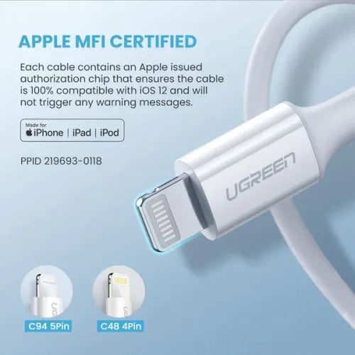 كابل يو جرين USB-C إلى Lightning M/M بغطاء مطاطي بطول 1 متر أبيض