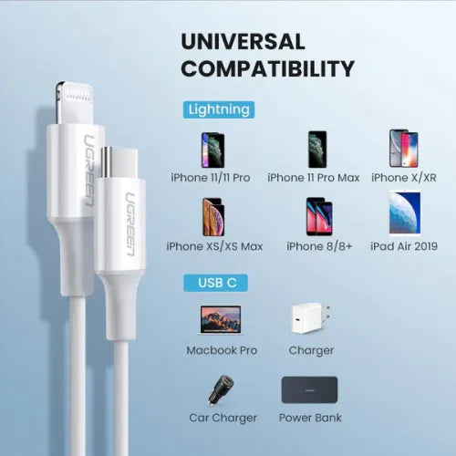 كابل يو جرين USB-C إلى Lightning M/M بغطاء مطاطي بطول 1 متر أبيض
