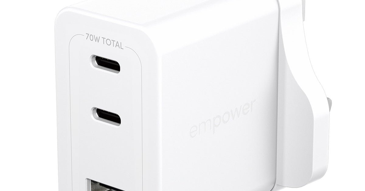 Empower by PanzerGlass® Grand Prix High-Speed Multiple Charger incl. 2 x USB-C + USB-A | 70W | UK Plug | Silver White