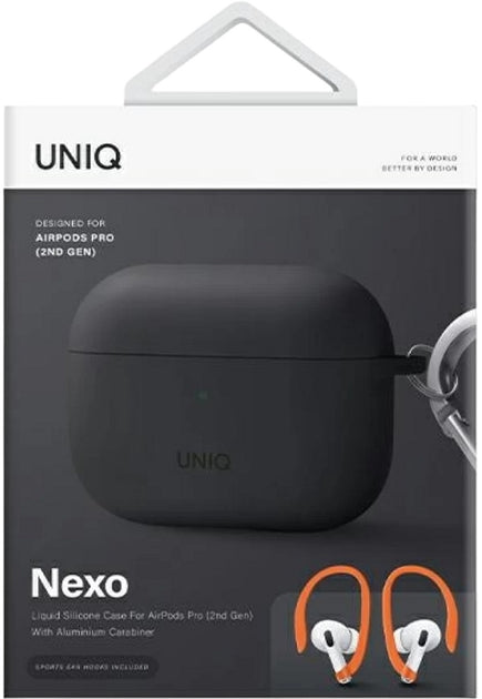 UNIQ NEXO ACTIVE HYBRID SILICONE AIRPODS PRO 2ND GEN (2022) CASE WITH SPORTS EAR HOOKS - CHARCOAL (GREY)