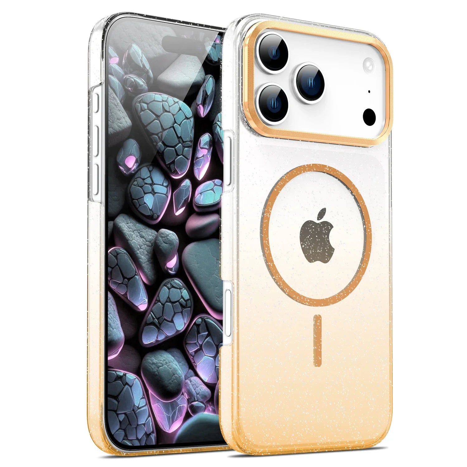 MagSafe Magnetic Glitter Gradient Case for iPhone 17 Pro Clear Hard PC Back Cover Gold Color