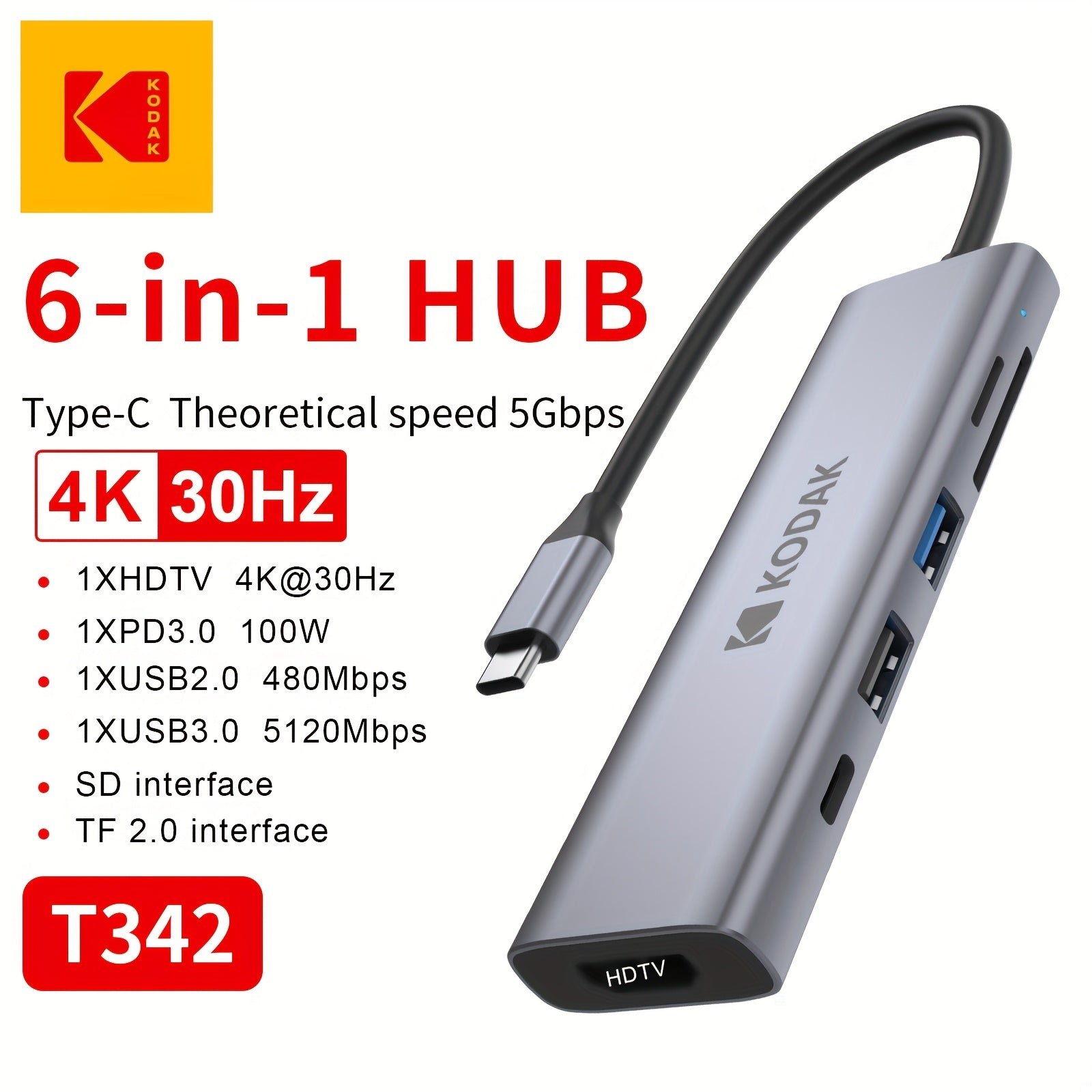 Kodak 6-in-1 USB-C Adapter Multiport Hub T342